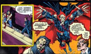 “Demogoblin possesses superhuman strength, capable of lifting around 10 tons. He also had sharp teeth and claws. His skin could cause burns and hallucinations. He could throw or shoot blasts of heat. He had limited telepathic ability developing a telepathic link with both Doppelganger and Jason Macendale. Demogoblin is well versed in black magic and the occult. He could summon a fiery magical glider and used that to fly. He could also magically create razor bats and magical pumpkins which would emotionally paralyze his victims.” - marvel.com/universe/Demogoblin